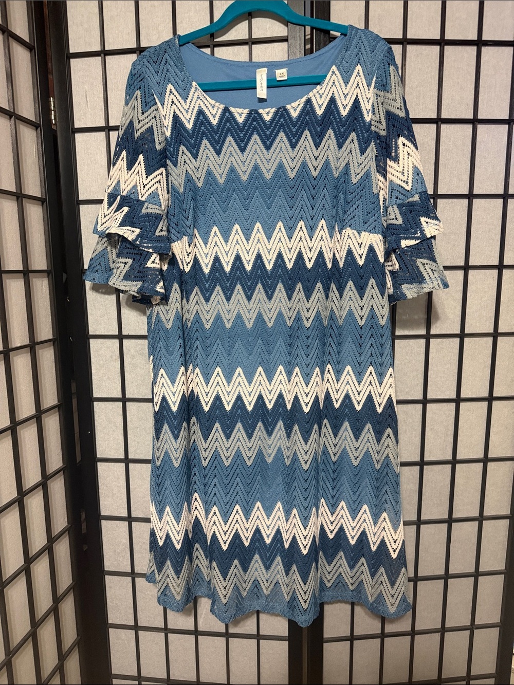 Tacera Blue & White Chevron Midi Dress with Ruffle Sleeves